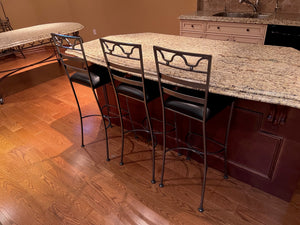 3 Brushed Silver Metal Bar Stools w/Black Leather Seats