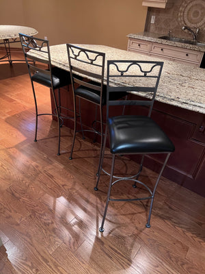 3 Brushed Silver Metal Bar Stools w/Black Leather Seats