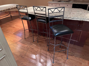 3 Brushed Silver Metal Bar Stools w/Black Leather Seats