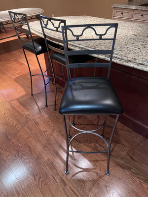 3 Brushed Silver Metal Bar Stools w/Black Leather Seats