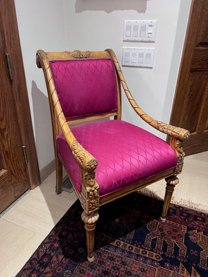 Ornate Wood Carved Armchair w/Red Upholstery