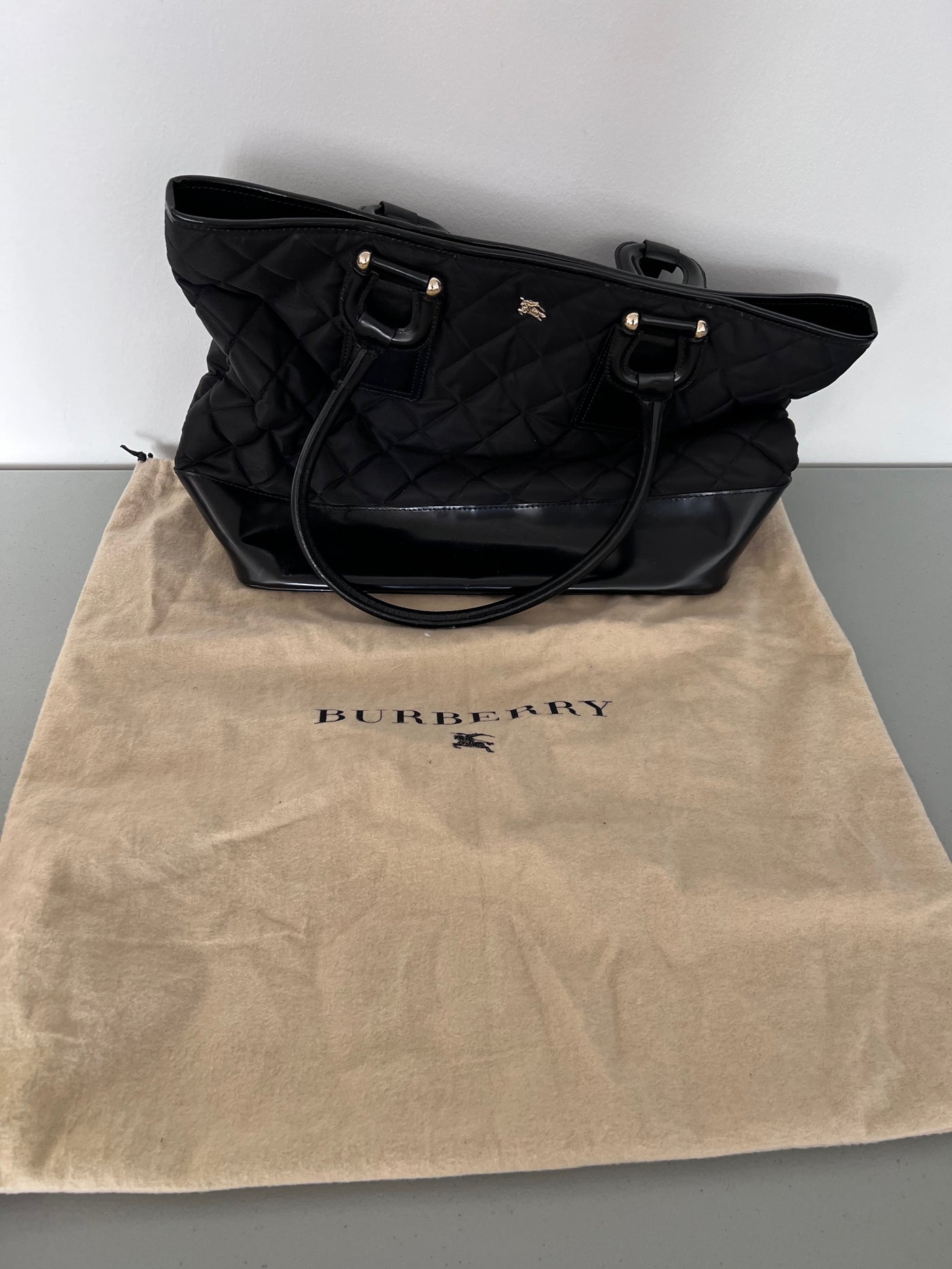 Burberry Black Quilted Nylon Patent Leather Tote Bag Sell My