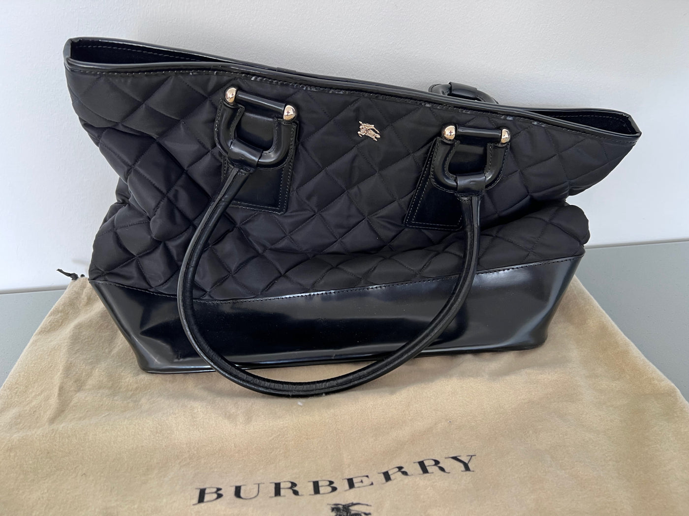 Burberry Black Quilted Nylon Patent Leather Tote Bag Sell My
