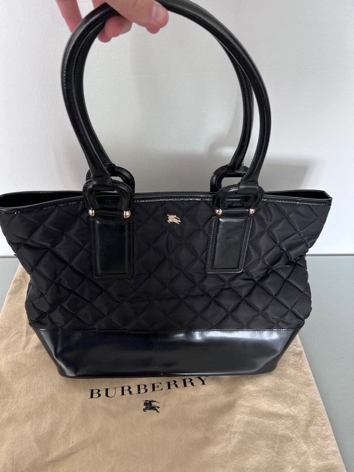 Burberry Black Quilted Nylon & Patent Leather Tote Bag