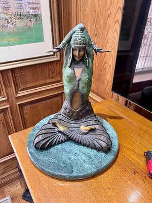 D.H. Chiparus Seated Dancer Bronze Sculpture on Round Marble Base- 14"