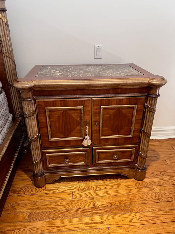 Pair of Ferguson Copeland Walnut Veneer Marble Top Nightstands