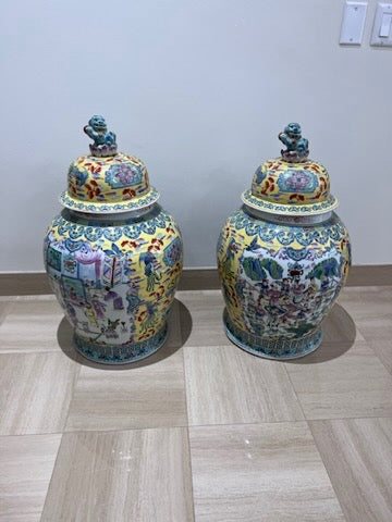 Pair of Chinese Lidded Urns with Foo Dogs