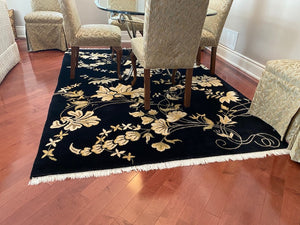 Black Wool Rug, Cream Flower Design