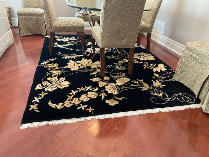 Black Wool Rug, Cream Flower Design