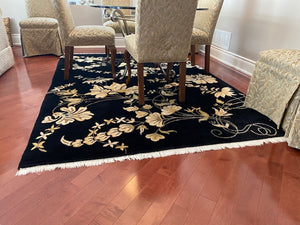 Black Wool Rug, Cream Flower Design