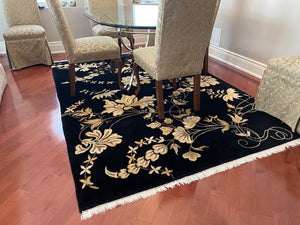 Black Wool Rug, Cream Flower Design