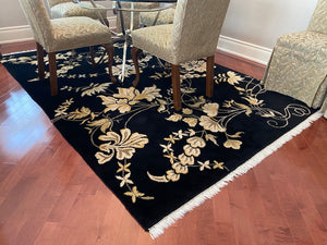 Black Wool Rug, Cream Flower Design