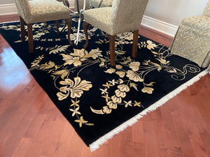 Black Wool Rug, Cream Flower Design