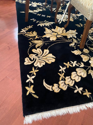Black Wool Rug, Cream Flower Design