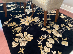 Black Wool Rug, Cream Flower Design