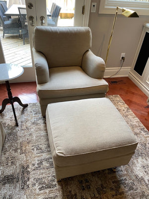 Beige Upholstered Armchair + Ottoman, on Casters