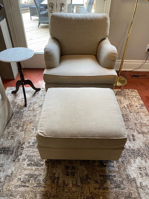 Beige Upholstered Armchair + Ottoman, on Casters