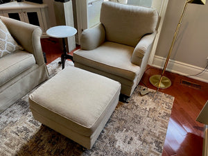 Beige Upholstered Armchair + Ottoman, on Casters