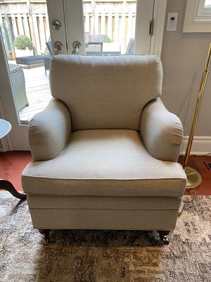 Beige Upholstered Armchair + Ottoman, on Casters