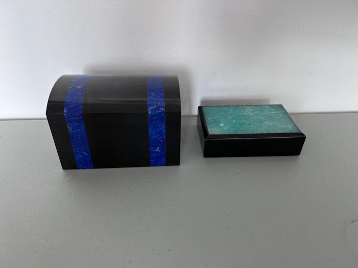 2 Semi Precious Stone Boxes (Black Onyx & Lapis Lazuli, and Black Onyx & Fluoride)