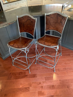 2 Palma Brava Brown Leather Bar Stools
