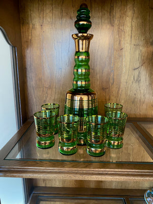 Green & Gold Glass Decanter + 6 Shot Glasses