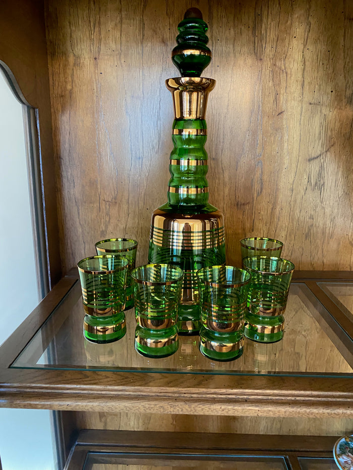 Green & Gold Glass Decanter + 6 Shot Glasses