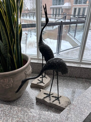 Pair of Bronze Crane Sculptures- Secured on Stone Base