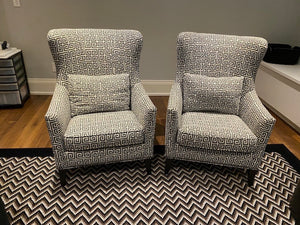 Pair of Custom Made Black & White Patterned Armchairs, Nailhead Trim