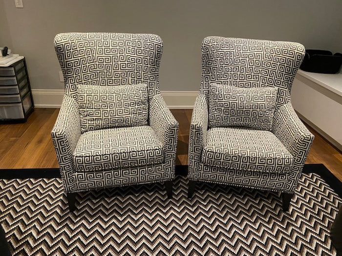 Pair of Custom Made Black & White Patterned Armchairs, Nailhead Trim