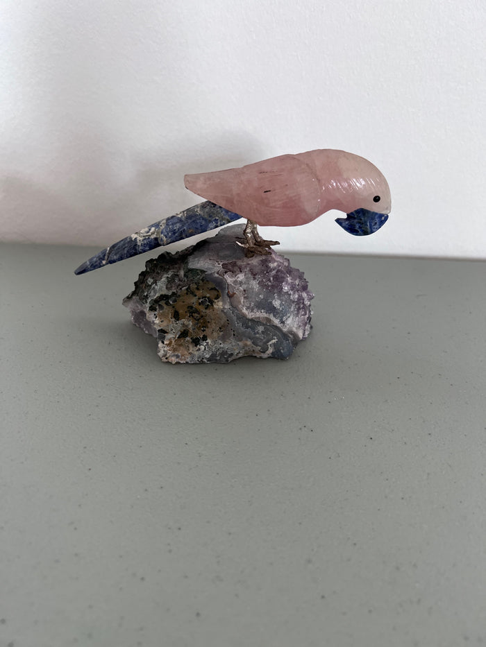 Parrot on Perch- Rose Quartz body, lapis lazuli beak, sodalite tail sitting on Amethyst