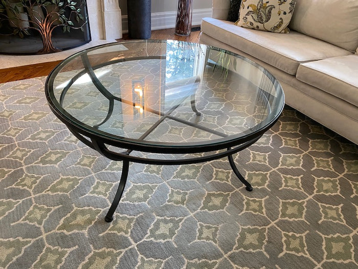 Round Glass Coffee Table, Black Metal Frame
