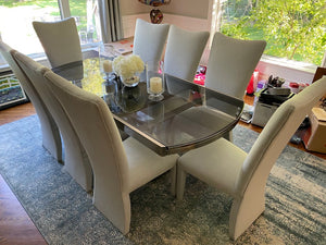 Modern Chrome & Glass Dining Table + 8 High Back Grey Upholstered Chairs