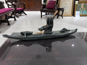 Inuit Soapstone Sculpture/Carving- 'Hunter in Kayak'