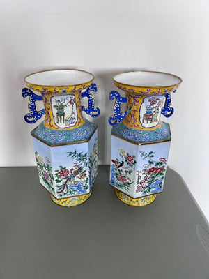 Pair of Beautiful Hand Painted Metal Vases