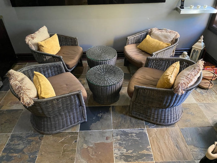 4 Wicker Chairs + 2 Glass Top Wicker Side Tables