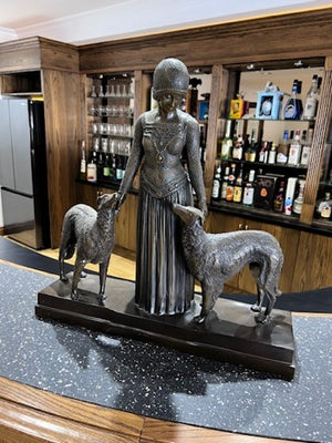 Spelter/Metal Sculpture- Lady Walking 2 Dogs