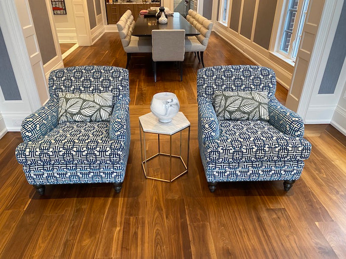 Pair of Blue & White Custom Made Upholstered Armchairs