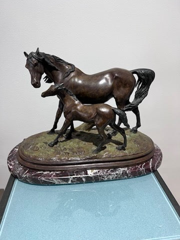 Christopher Fratin Bronze Sculpture- "Mare and Colt" on Marble Base