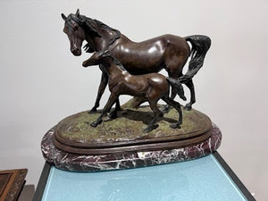 Christopher Fratin Bronze Sculpture- "Mare and Colt" on Marble Base