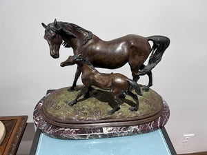 Christopher Fratin Bronze Sculpture- "Mare and Colt" on Marble Base