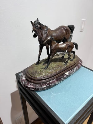 Christopher Fratin Bronze Sculpture- "Mare and Colt" on Marble Base