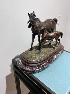 Christopher Fratin Bronze Sculpture- "Mare and Colt" on Marble Base