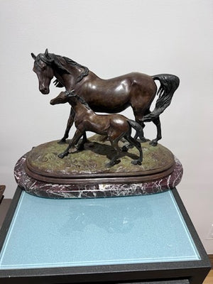 Christopher Fratin Bronze Sculpture- "Mare and Colt" on Marble Base