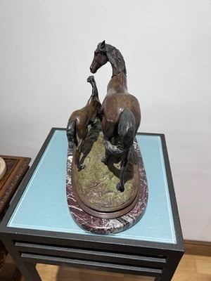 Christopher Fratin Bronze Sculpture- "Mare and Colt" on Marble Base