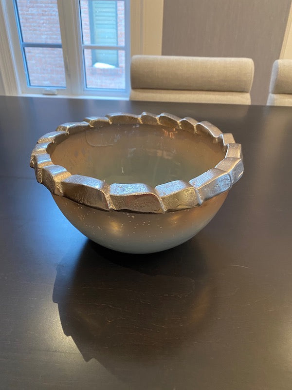 Decorative Glass Bowl, with Ornate Silver Trim