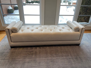 Custom Made White Leather Tufted Bench, Nailhead Trim + 2 Bolster Cushions