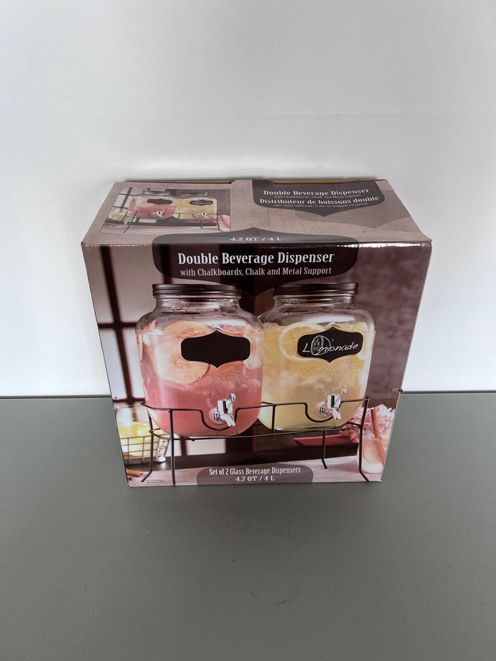 Double Beverage Dispenser with Chalkboards, Chalk and Metal Support