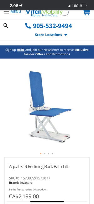 *BRAND NEW NEVER USED- Aquatec R Reclining Back Bath Lift (Retail $1,600)
