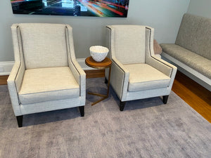 2 Custom Made Modern Grey Armchairs, Nailhead Trim